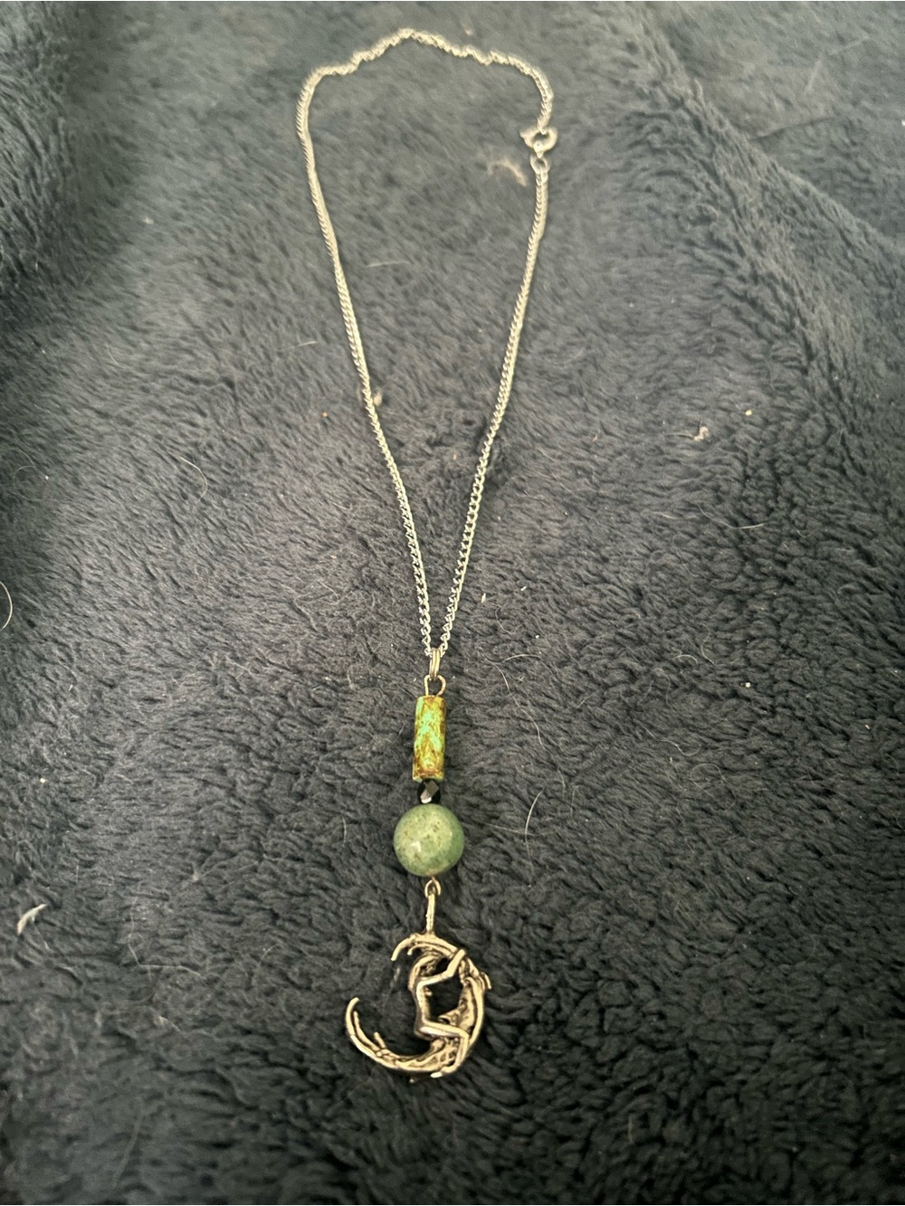 Silver-Tone Moon Pendant Necklace with Green Beads